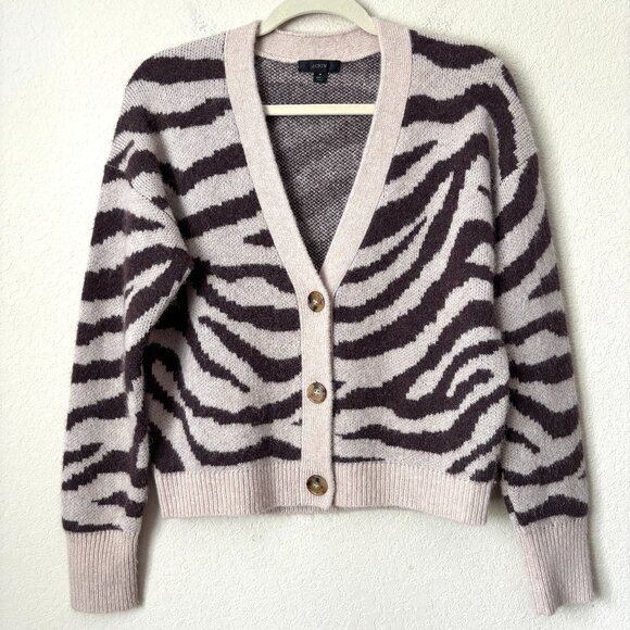 J. Crew Cozy Wool Alpaca Blend Ribbed V-Neck Cardigan Sweater in Zebra Stripe - Picture 1 of 13